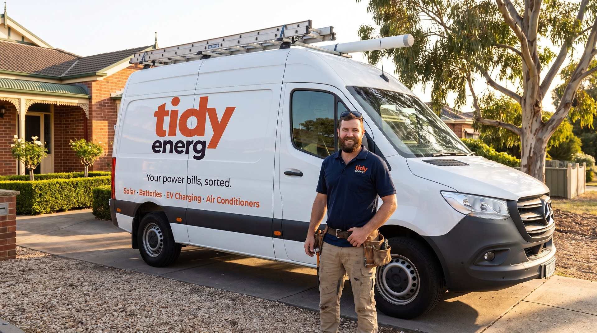 A Tidy Energy technician beside a branded Tidy Energy van in a suburban Victorian street