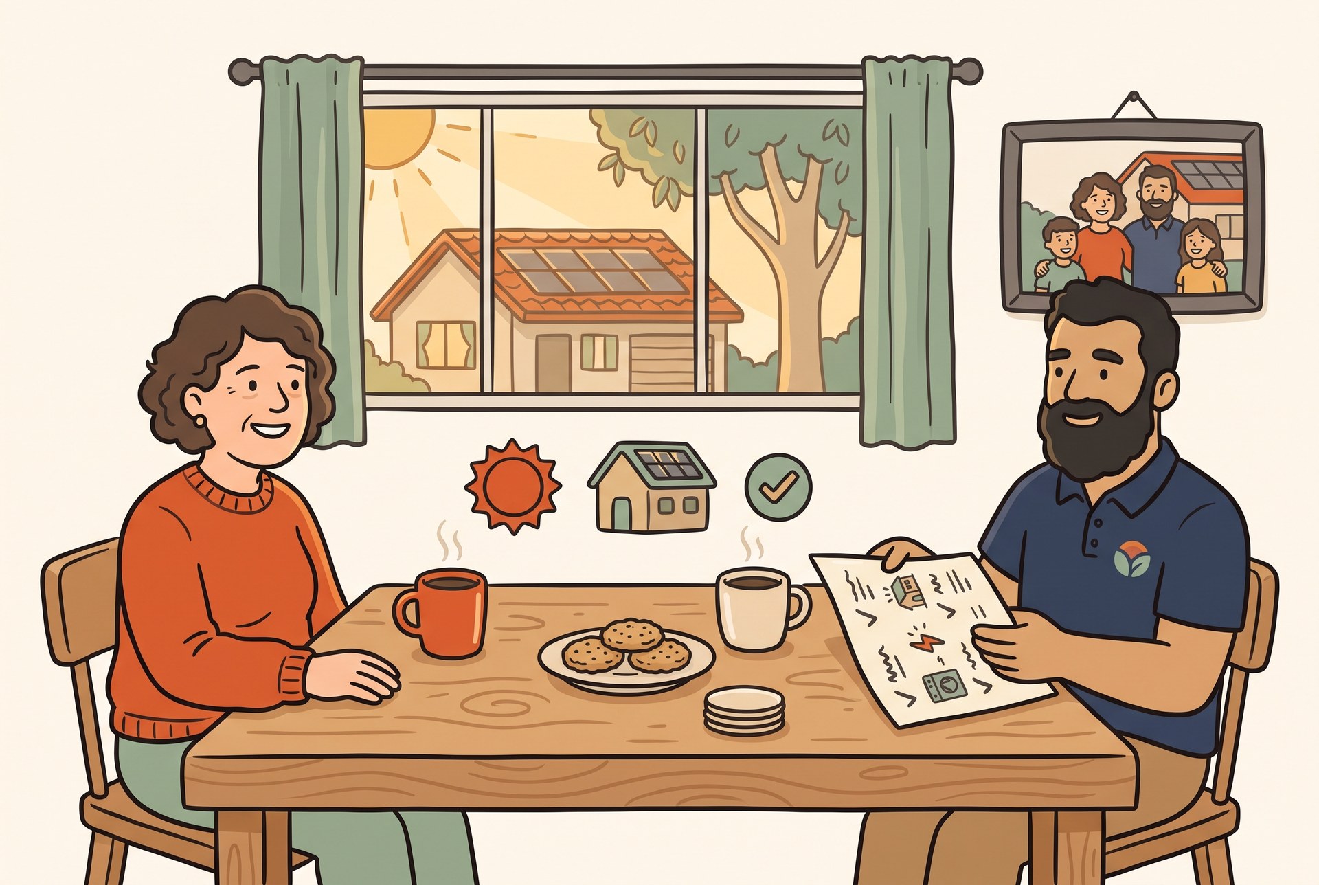 Illustration of a Tidy Energy specialist sitting at a warm kitchen table with a Victorian homeowner, showing an itemised solar plan over coffee and biscuits