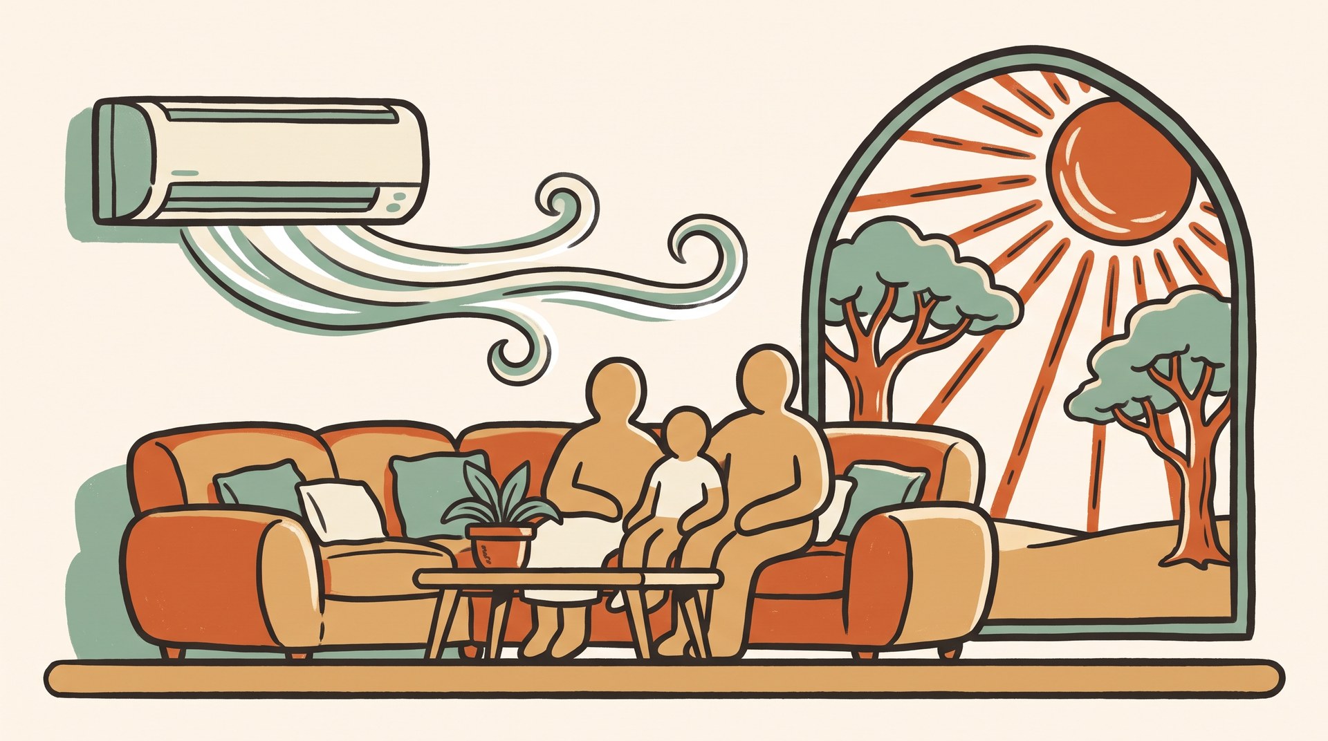 Hand-drawn illustration of a reverse-cycle HVAC unit cooling a warm Australian living room in summer