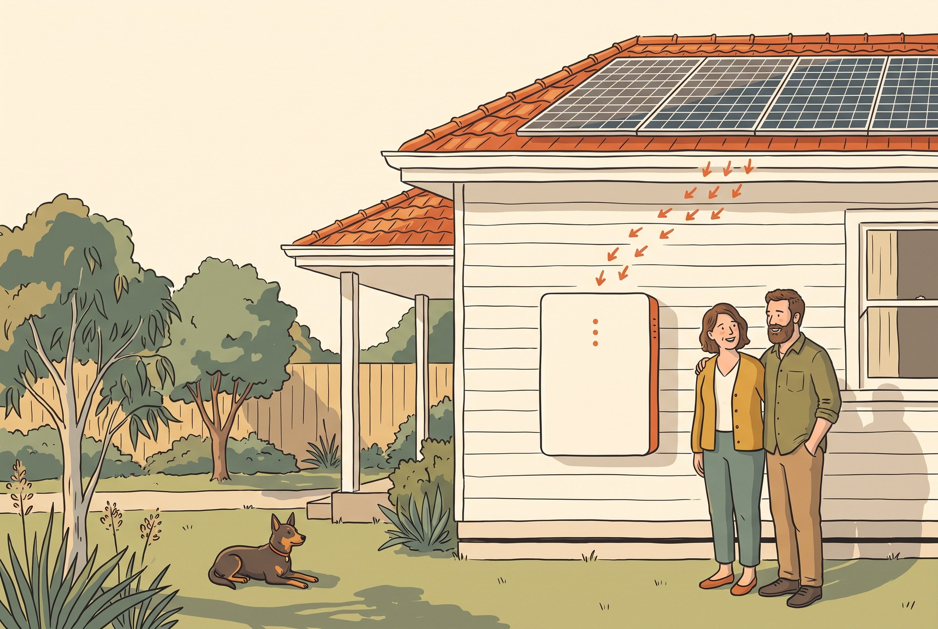 Illustration of a home battery mounted on a Victorian weatherboard house with solar panels on the roof and orange arrows showing the flow of solar energy into the battery, happy couple looking on with their kelpie dog on the lawn