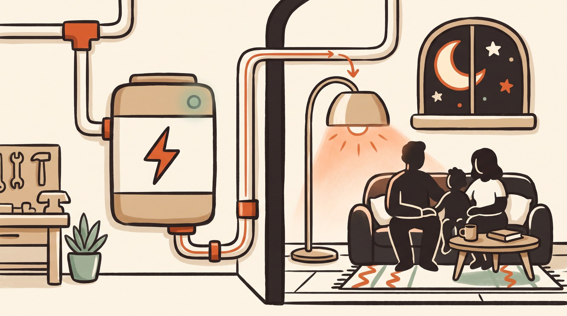 Hand-drawn illustration of a home battery powering a family's living room at night