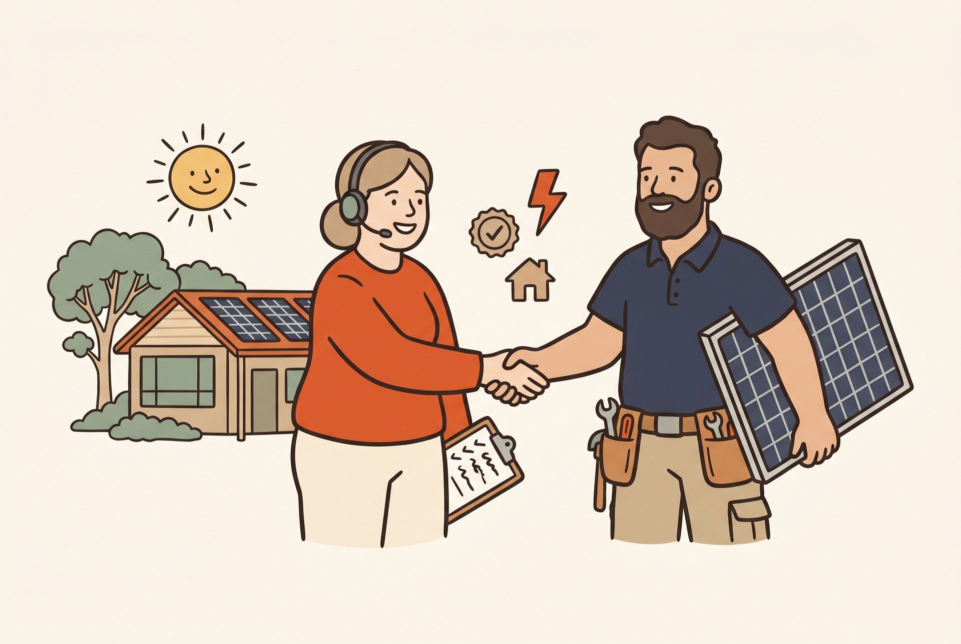 Illustration of a Tidy Energy customer service crew member shaking hands with an accredited install partner, showing the two-team partnership