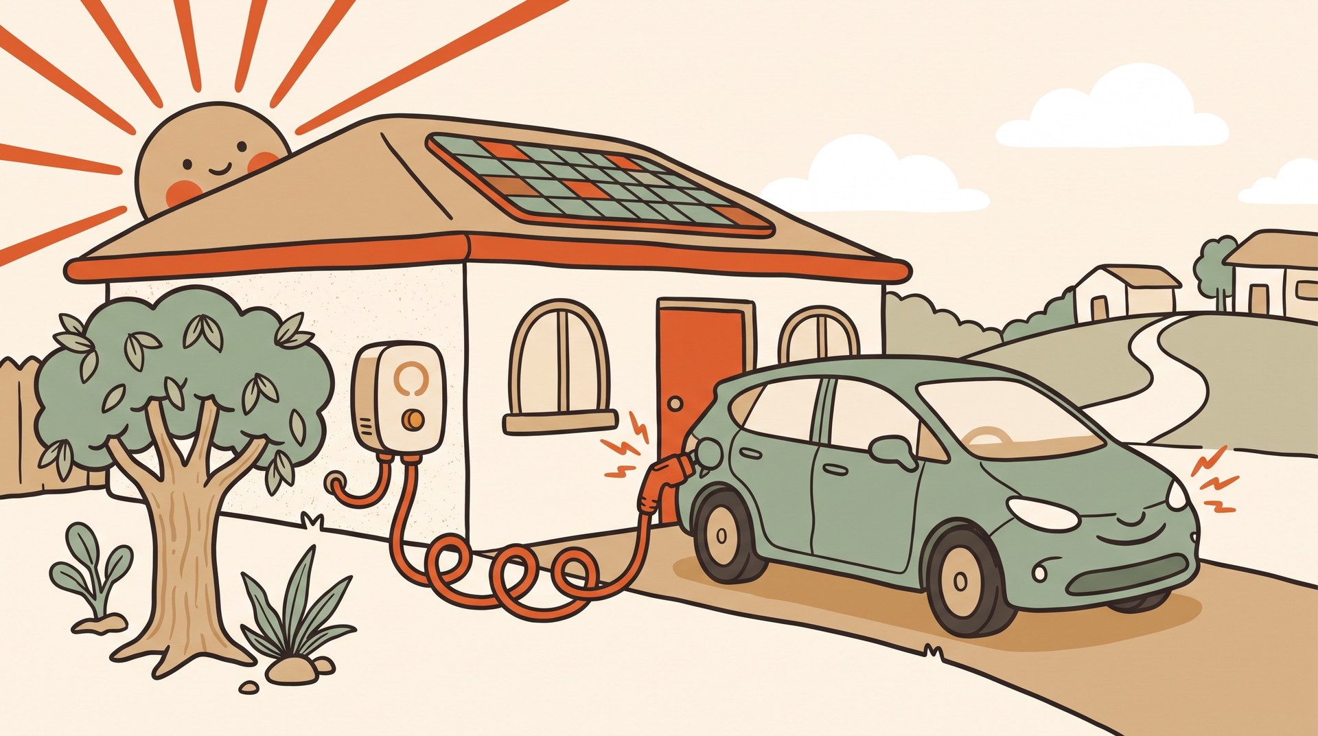Hand-drawn illustration of an EV charging at home from a wall-mounted charger