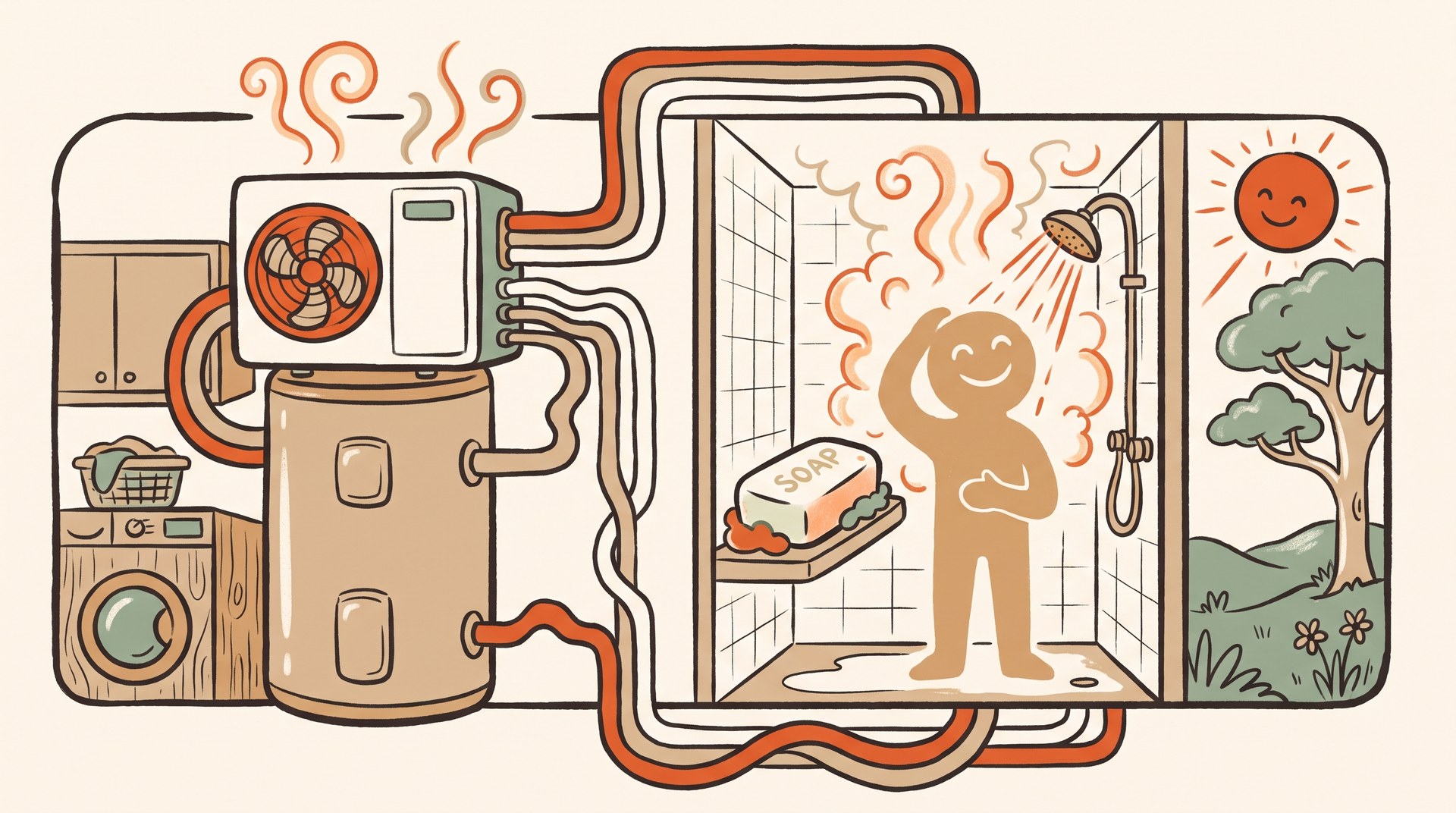 Illustration of a heat pump hot water system in a Victorian family home laundry connected to a warm shower