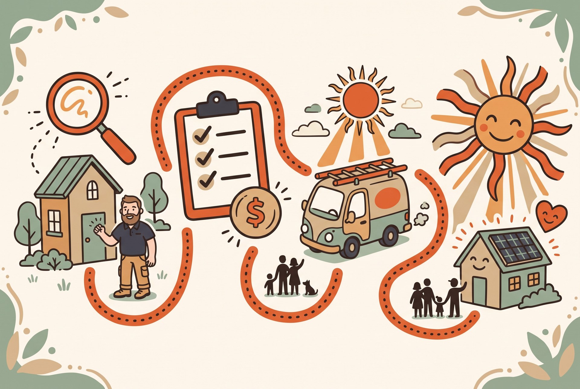Illustrated journey scene showing a Tidy Energy tradie knocking on a Victorian home, a clipboard with ticks and a coin, the install van, and a solar-panelled home with a smiling family