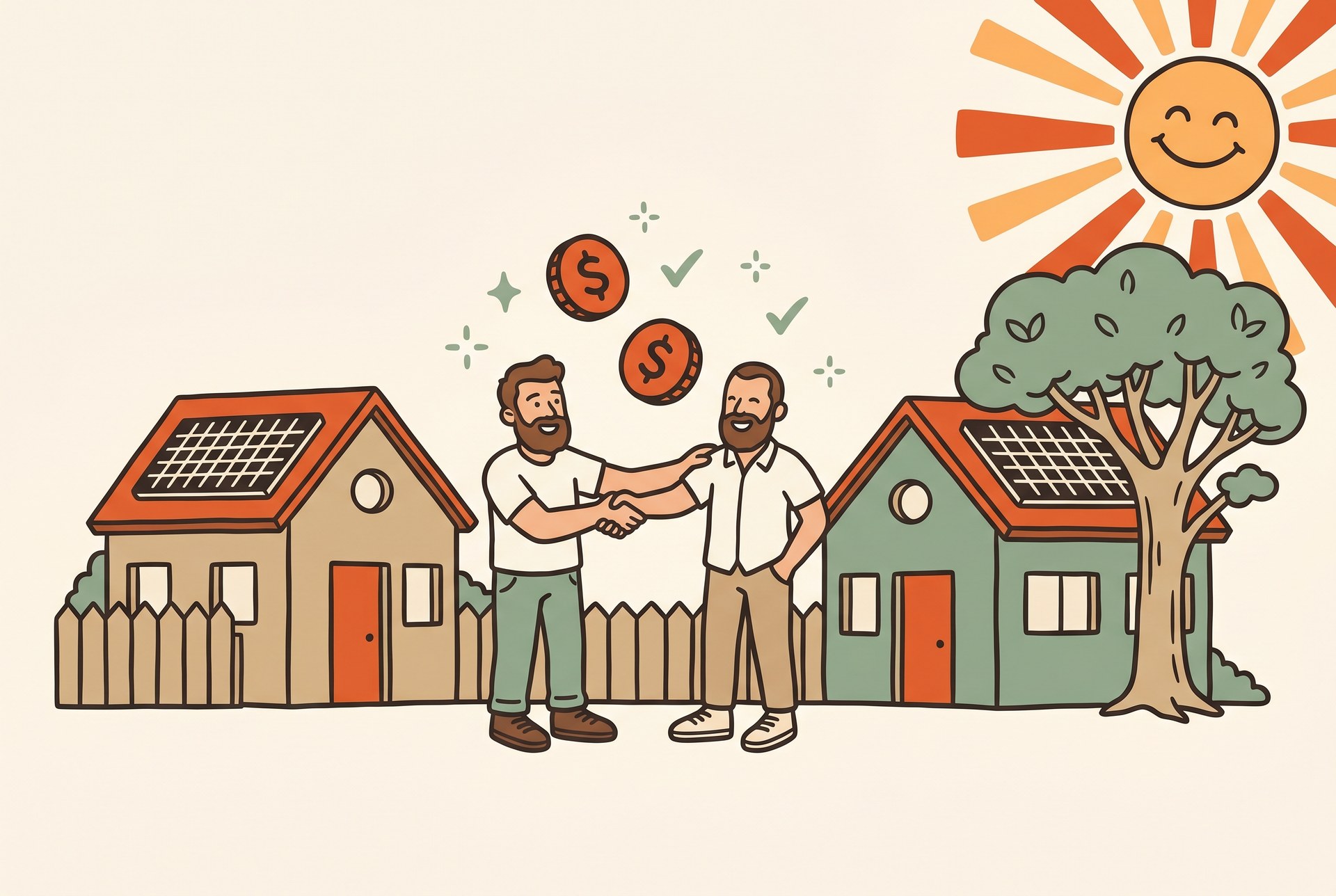 Illustration of two Australian mates shaking hands between two solar-panelled homes with dollar coins floating between them