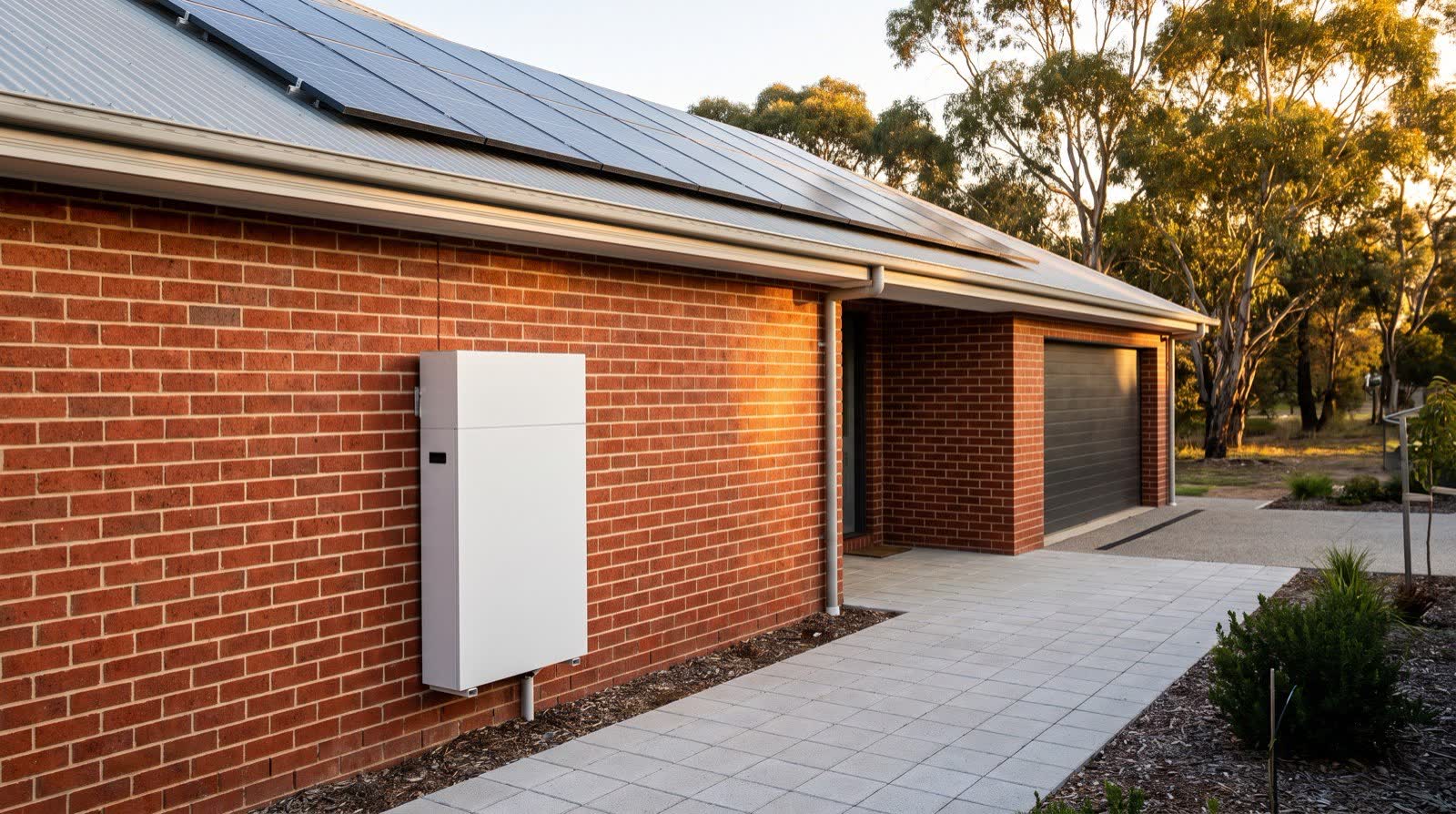 Home battery mounted on the brick wall of an Australian home with rooftop solar panels above
