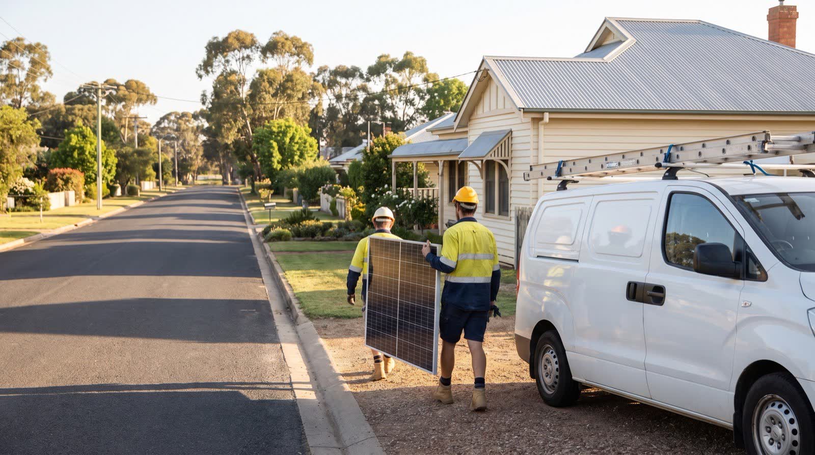 Two installers carrying a solar panel from their van toward a weatherboard home on a quiet regional Victorian street