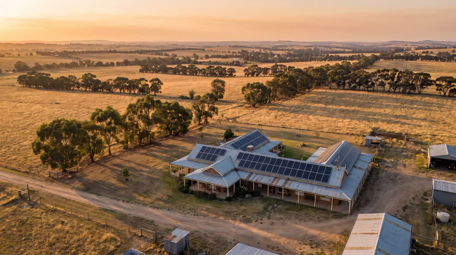 Aerial photo of a large rooftop solar array on a farmhouse in regional Victoria at golden hour