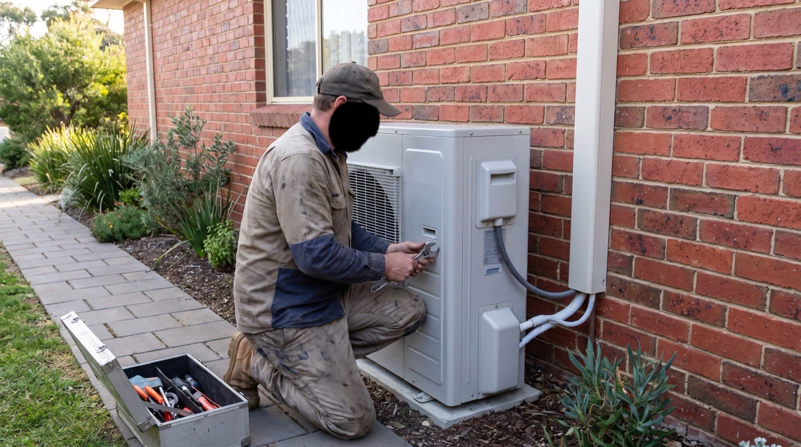 Technician installing an outdoor reverse-cycle air conditioning unit beside a brick home in regional Victoria