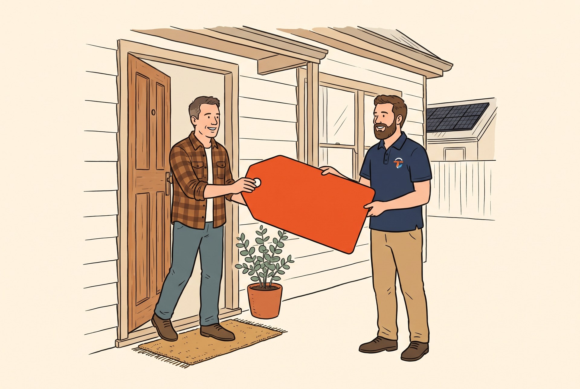 Illustration of a Victorian homeowner receiving a large orange discount tag representing the $1,400 Solar Homes rebate from a friendly Tidy Energy specialist at their front door