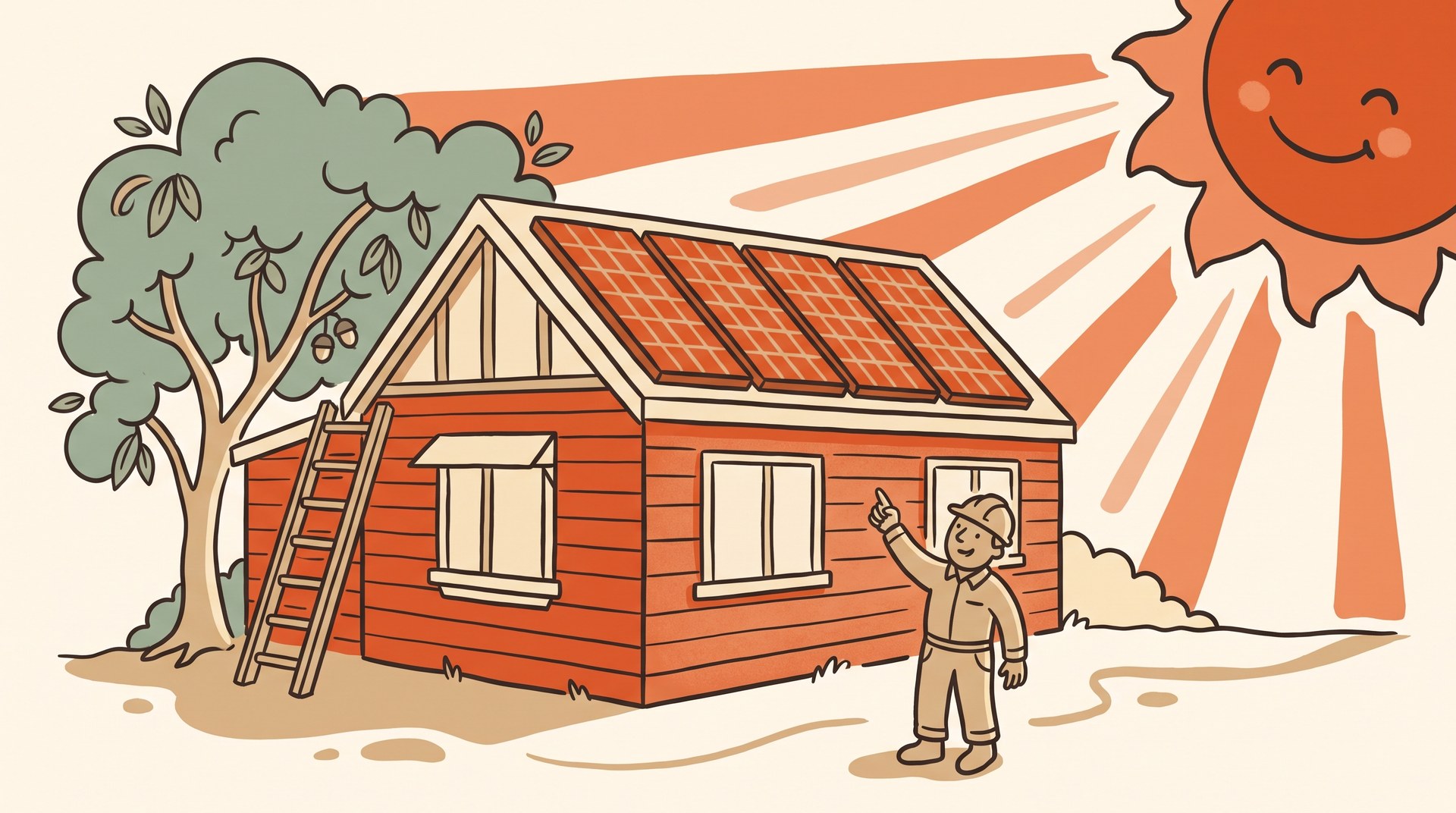 Hand-drawn illustration of an Australian home with solar panels being pointed out by a tradie
