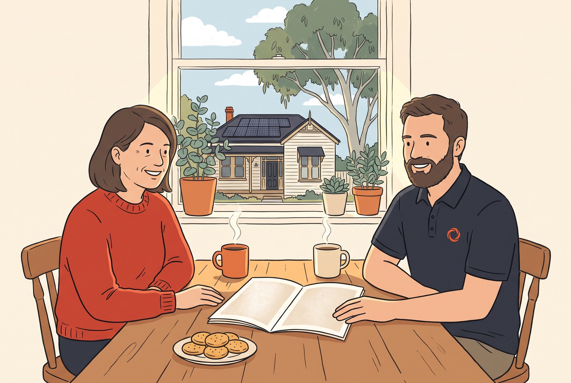 Illustration of a Victorian homeowner and Tidy Energy specialist reviewing Solar Homes Program rebate paperwork at the kitchen table with a solar-panelled weatherboard home visible through the window