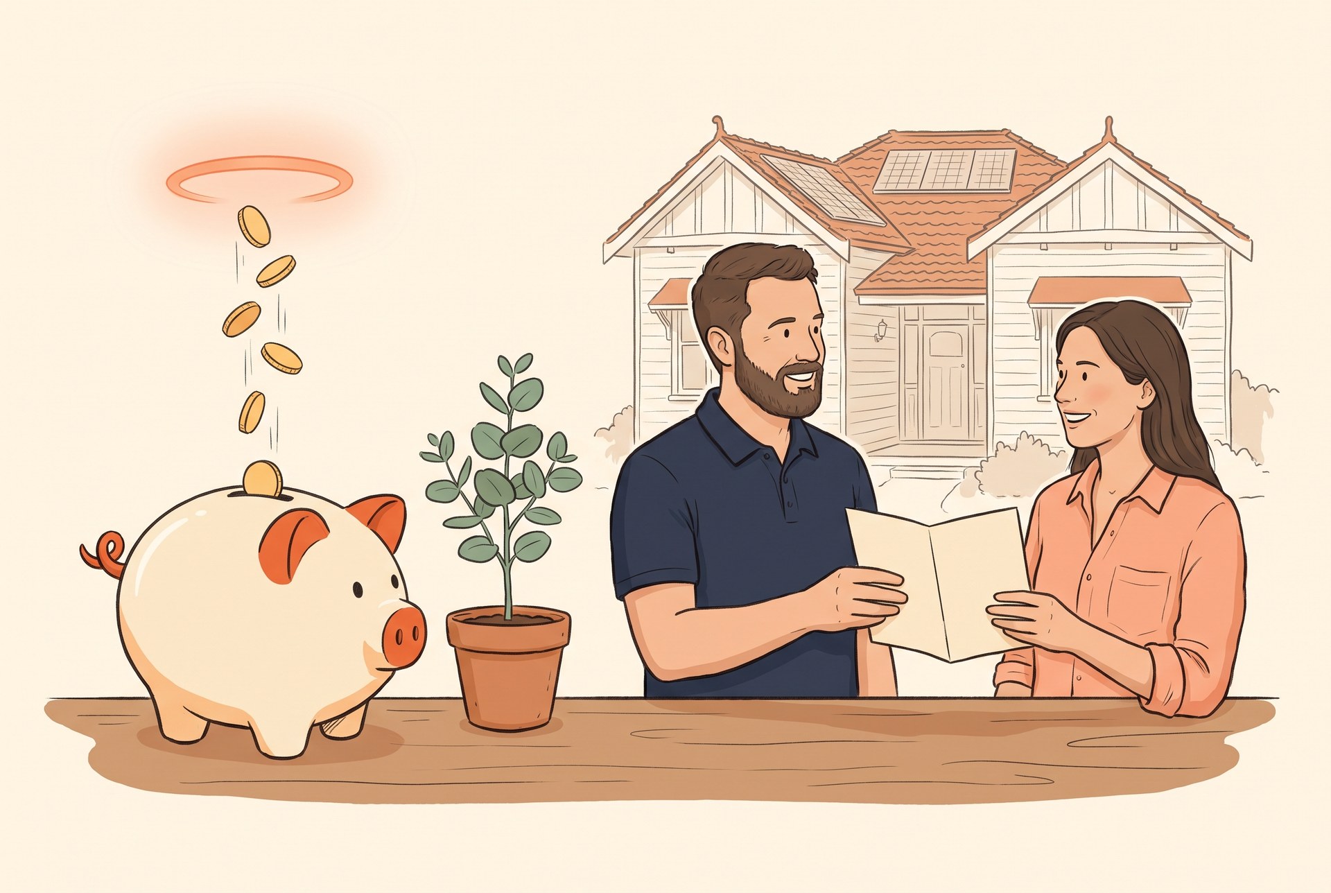 Illustration of a Solar Homes interest-free loan scene, piggy bank being fed golden coins with orange halo alongside a Tidy Energy specialist handing a booklet to a Victorian homeowner in front of their solar-panelled weatherboard home