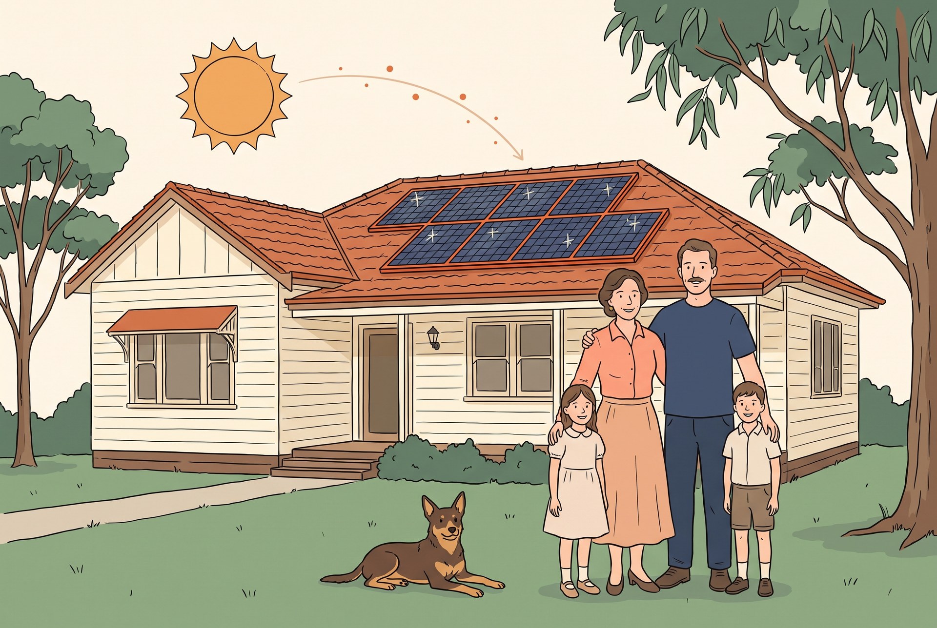 Illustration of a happy Victorian family standing in front of their weatherboard home with solar panels on the roof, kelpie dog on the lawn, native gum trees framing the scene