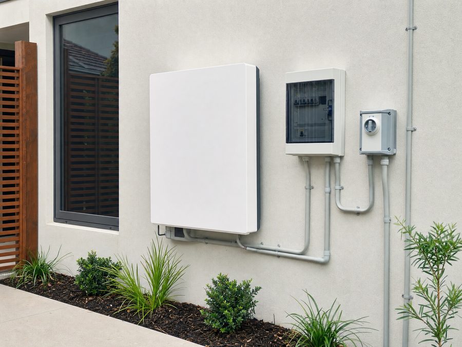 A wall-mounted home battery beside a switchboard on a rendered wall