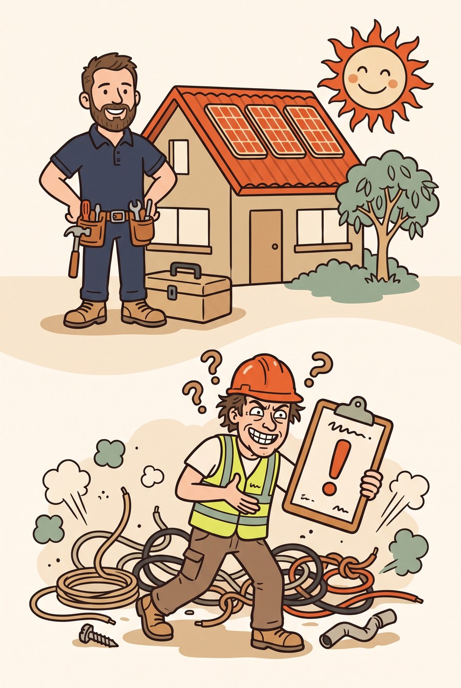 Illustration showing a friendly Tidy Energy tradie beside a tidy solar-panelled home on top and a chaotic door-knock cowboy salesperson tangled in cables below